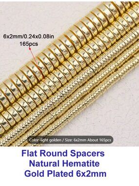 Flat Round Spacers Made of Natural Hematite Gold Plated 6x2mm
